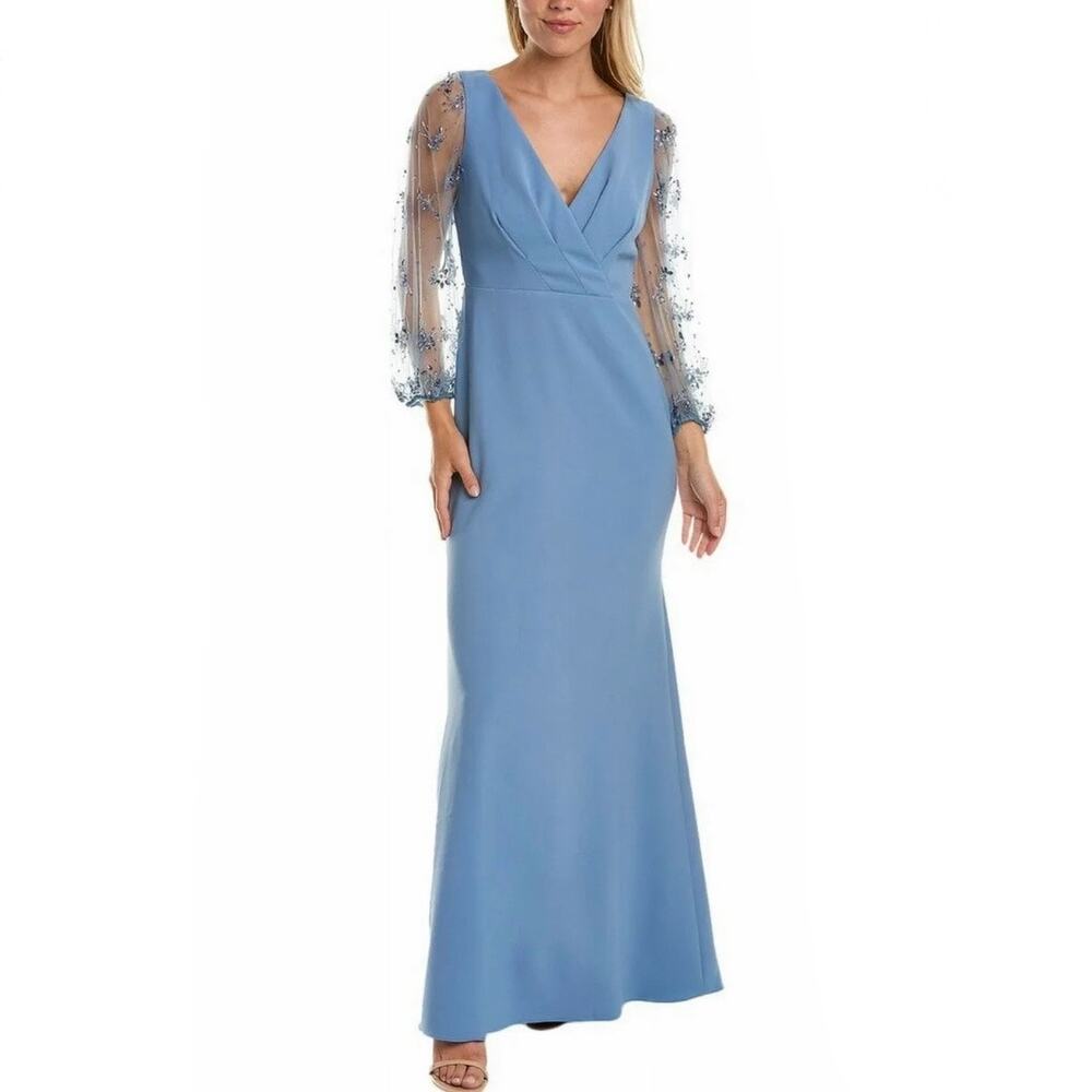 NWT Theia Kiera Beaded Puff Sleeve Gown in Storm Blue Size 4